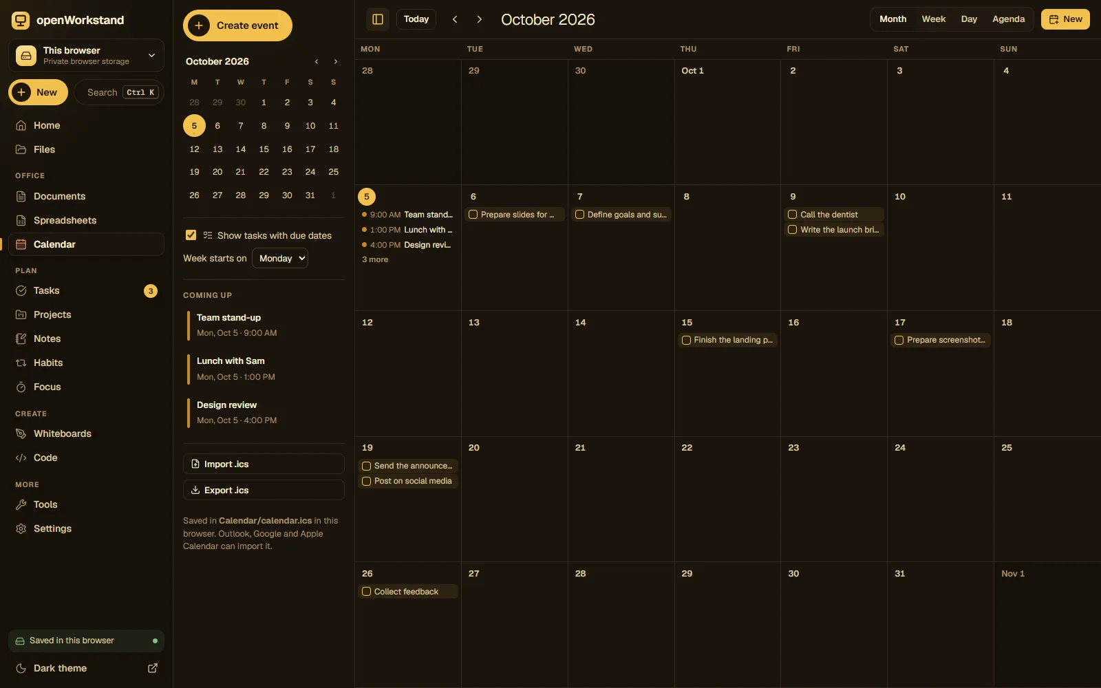 The openWorkstand calendar in week view with colored events and tasks