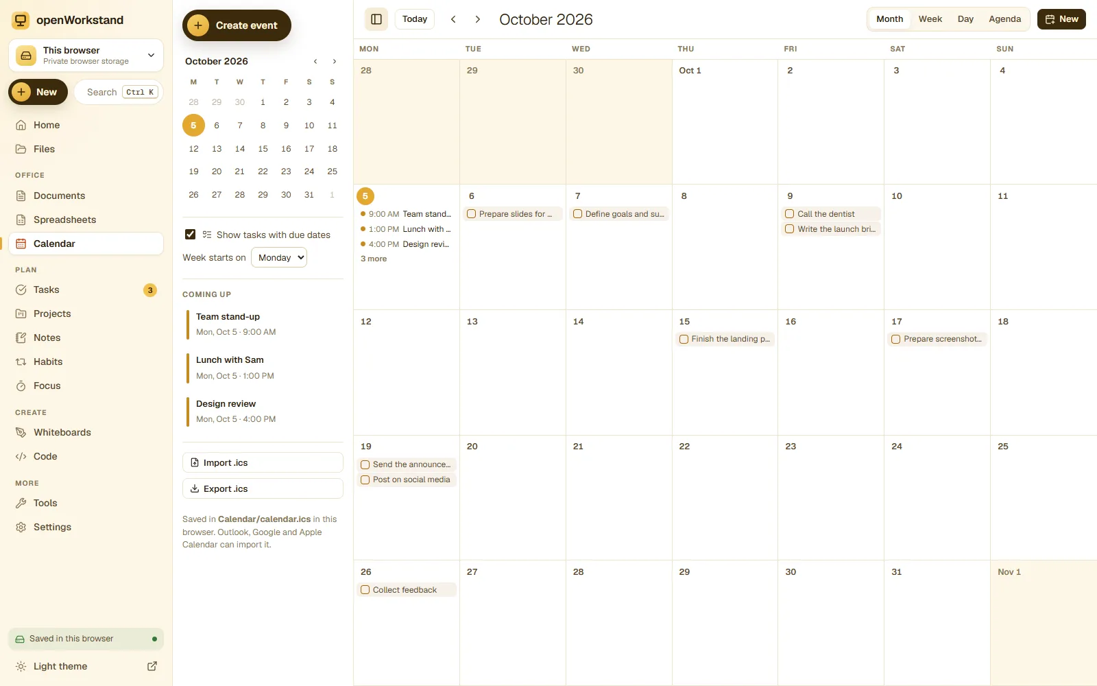The openWorkstand calendar in week view with colored events and tasks