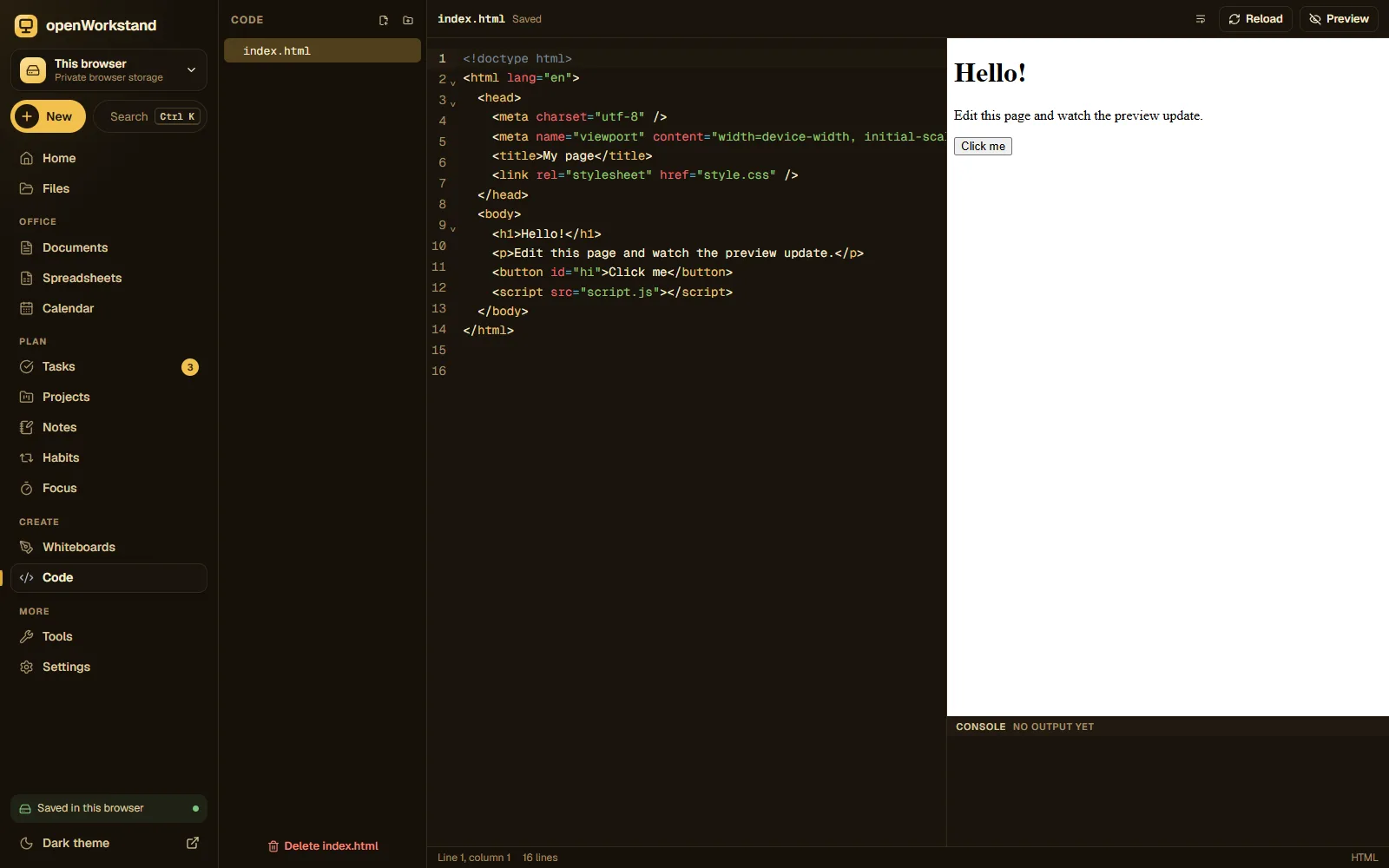 The openWorkstand code editor with an HTML file open and a live preview