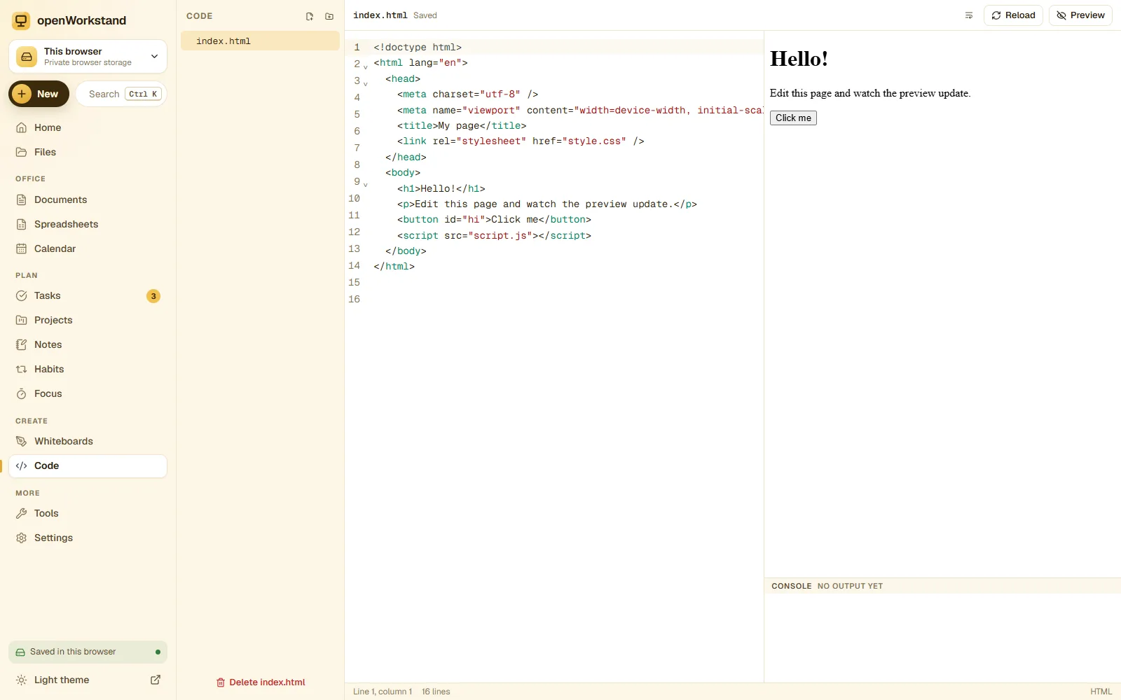 The openWorkstand code editor with an HTML file open and a live preview