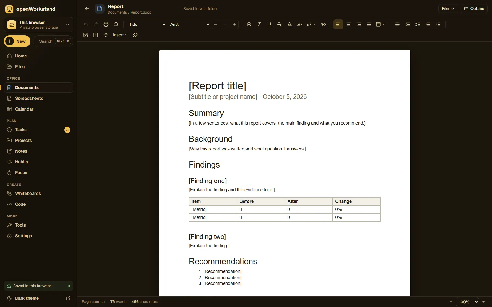 The openWorkstand word processor showing a formatted report on an A4 page with the formatting toolbar