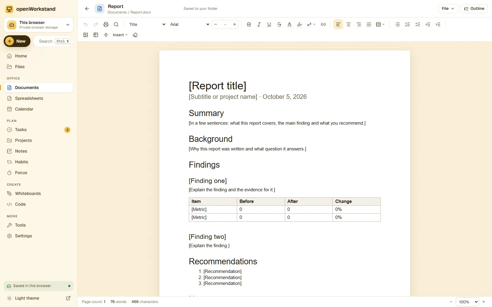 The openWorkstand word processor showing a formatted report on an A4 page with the formatting toolbar