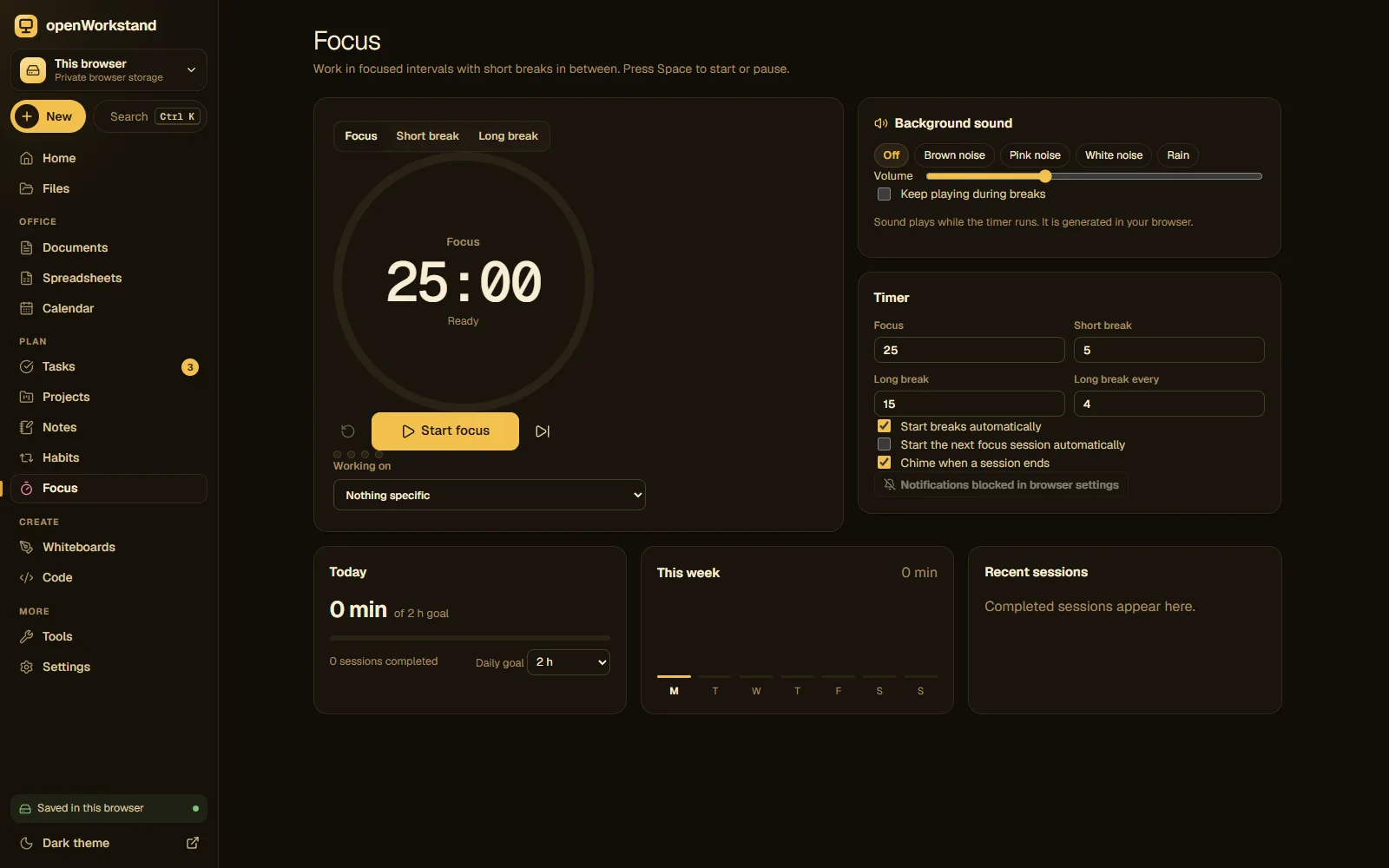 The openWorkstand focus timer with a session in progress and today’s statistics