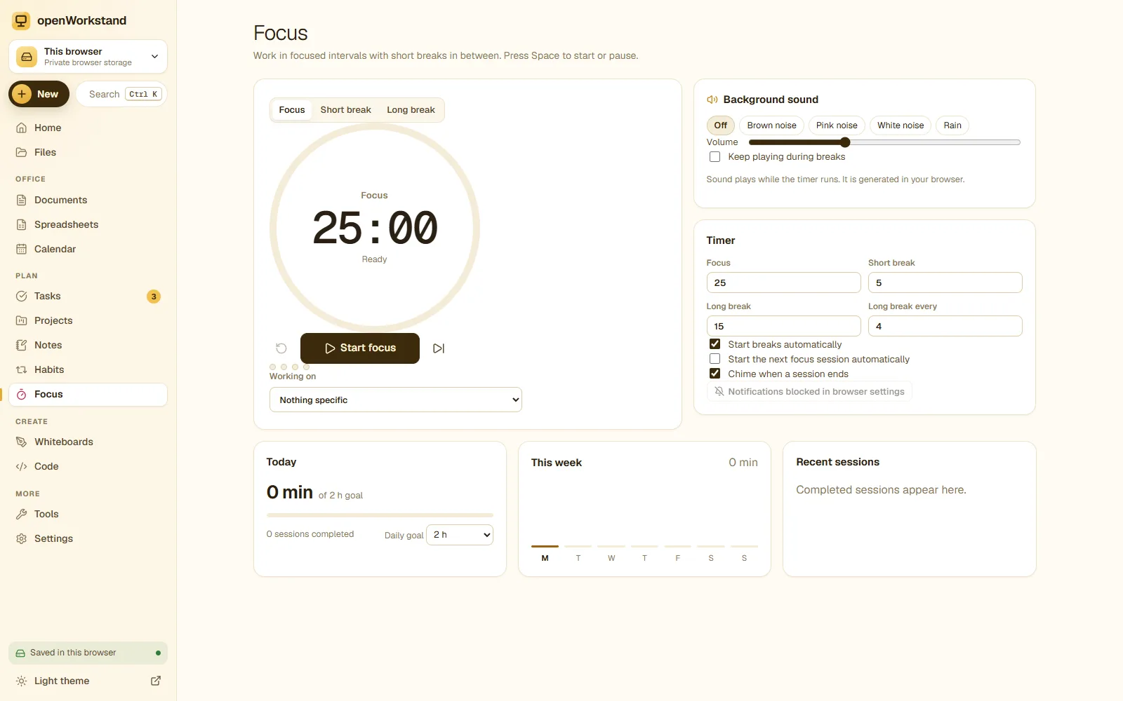 The openWorkstand focus timer with a session in progress and today’s statistics