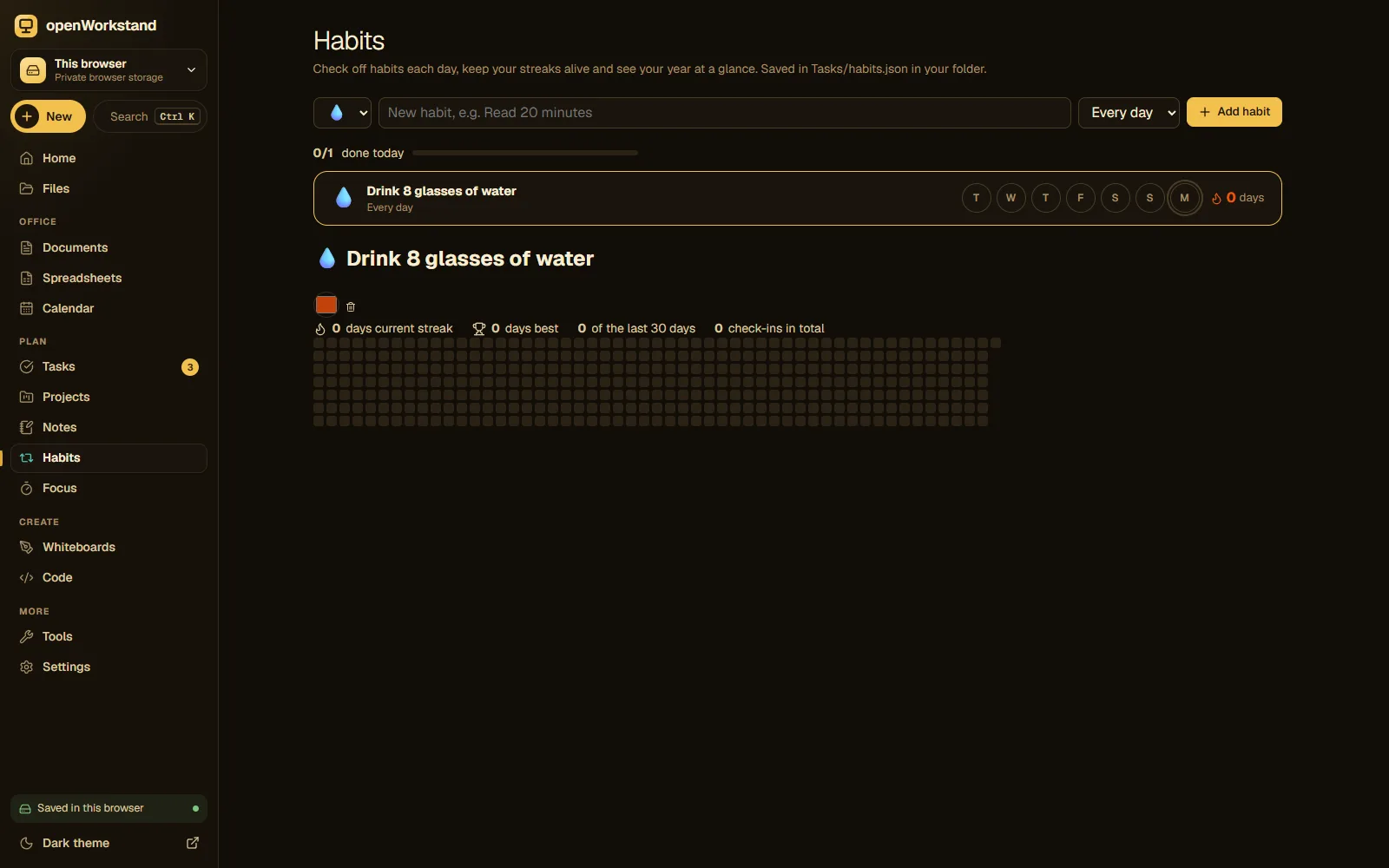 The openWorkstand habit tracker with daily check-ins, streaks and a yearly heatmap