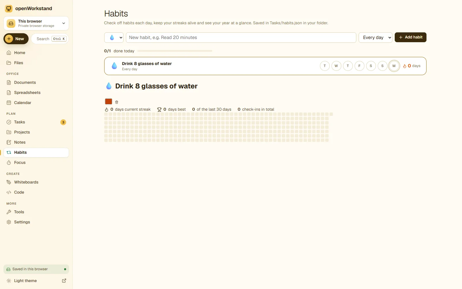 The openWorkstand habit tracker with daily check-ins, streaks and a yearly heatmap
