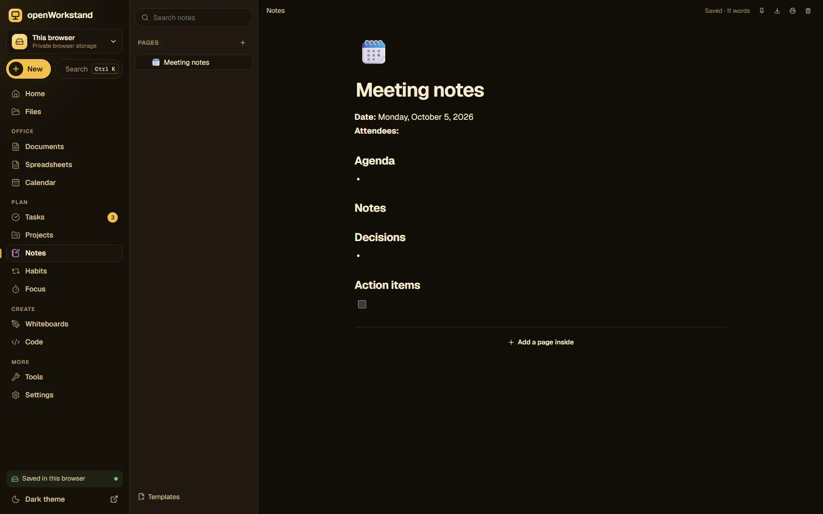 The openWorkstand notes editor with a page tree, a checklist and the slash command menu