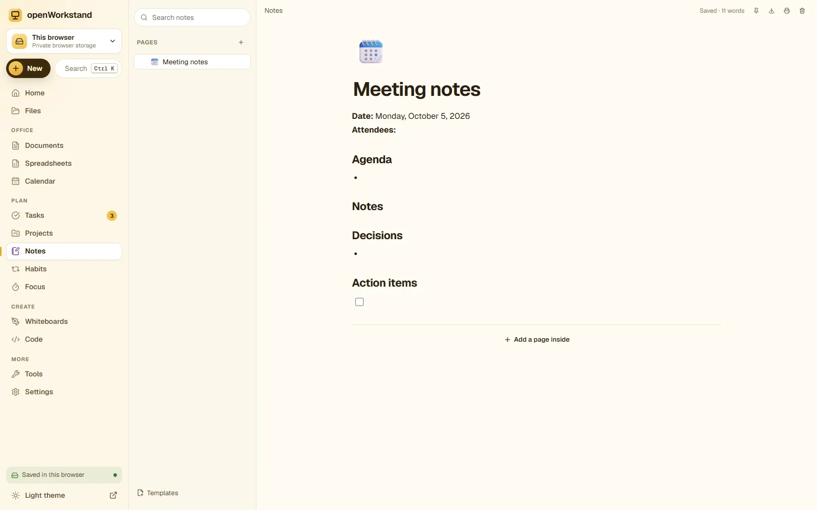 The openWorkstand notes editor with a page tree, a checklist and the slash command menu