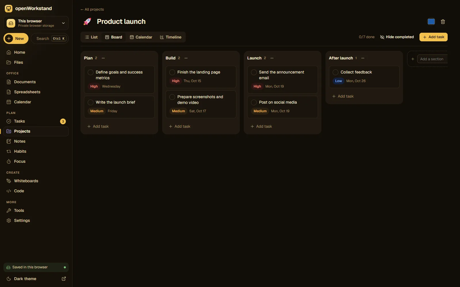 A openWorkstand project shown as a kanban board with sections, task cards, assignees and due dates