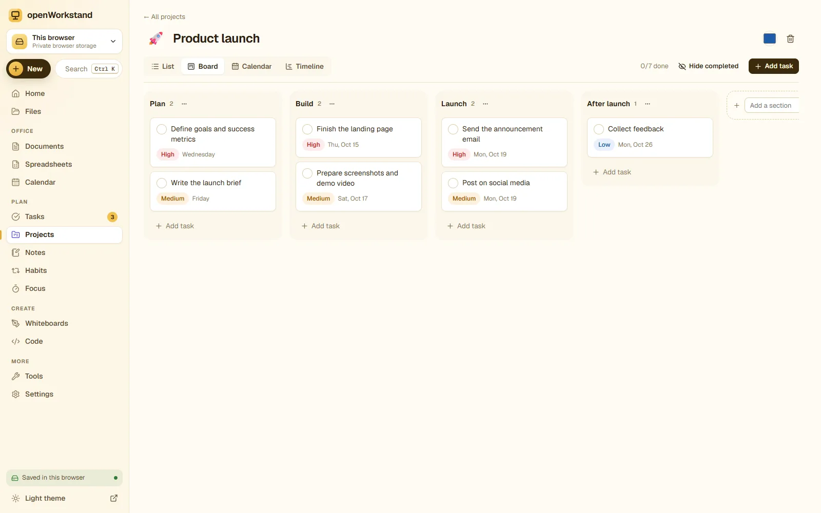 A openWorkstand project shown as a kanban board with sections, task cards, assignees and due dates