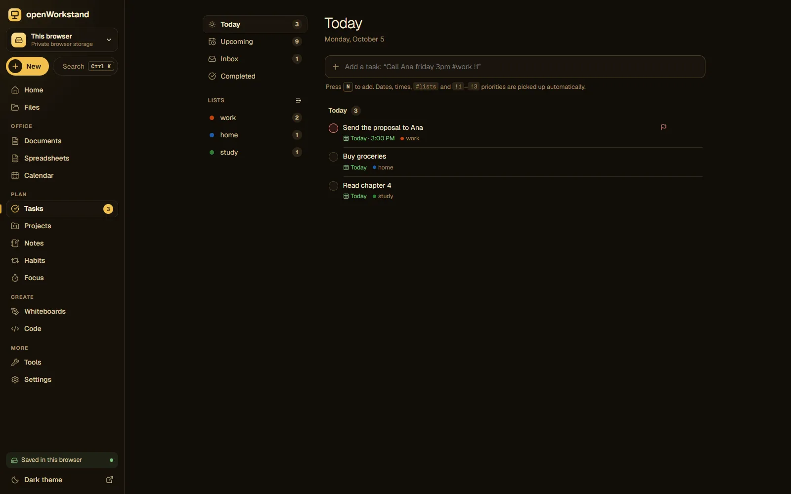 The openWorkstand to-do list with Today, Upcoming and custom lists