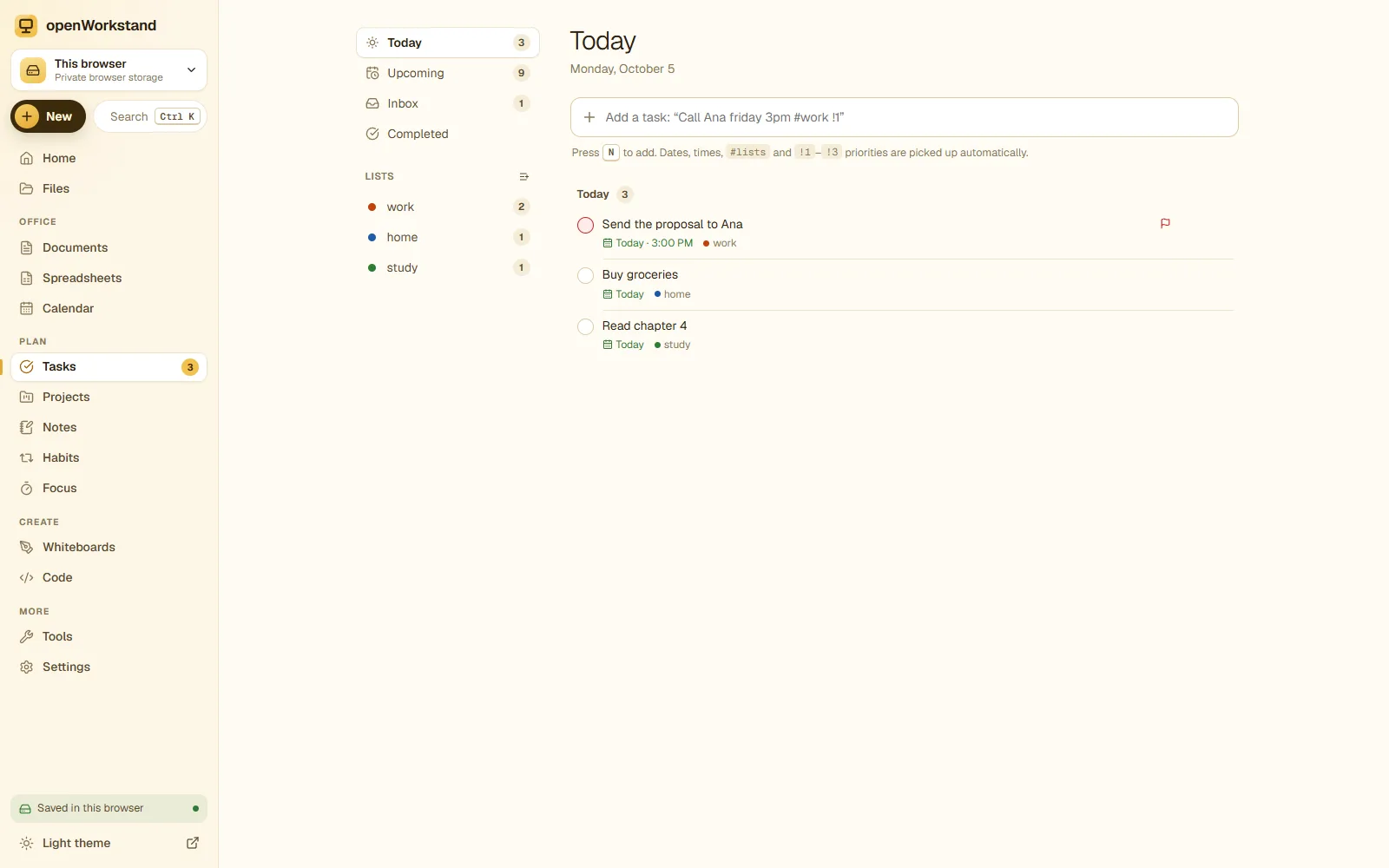 The openWorkstand to-do list with Today, Upcoming and custom lists