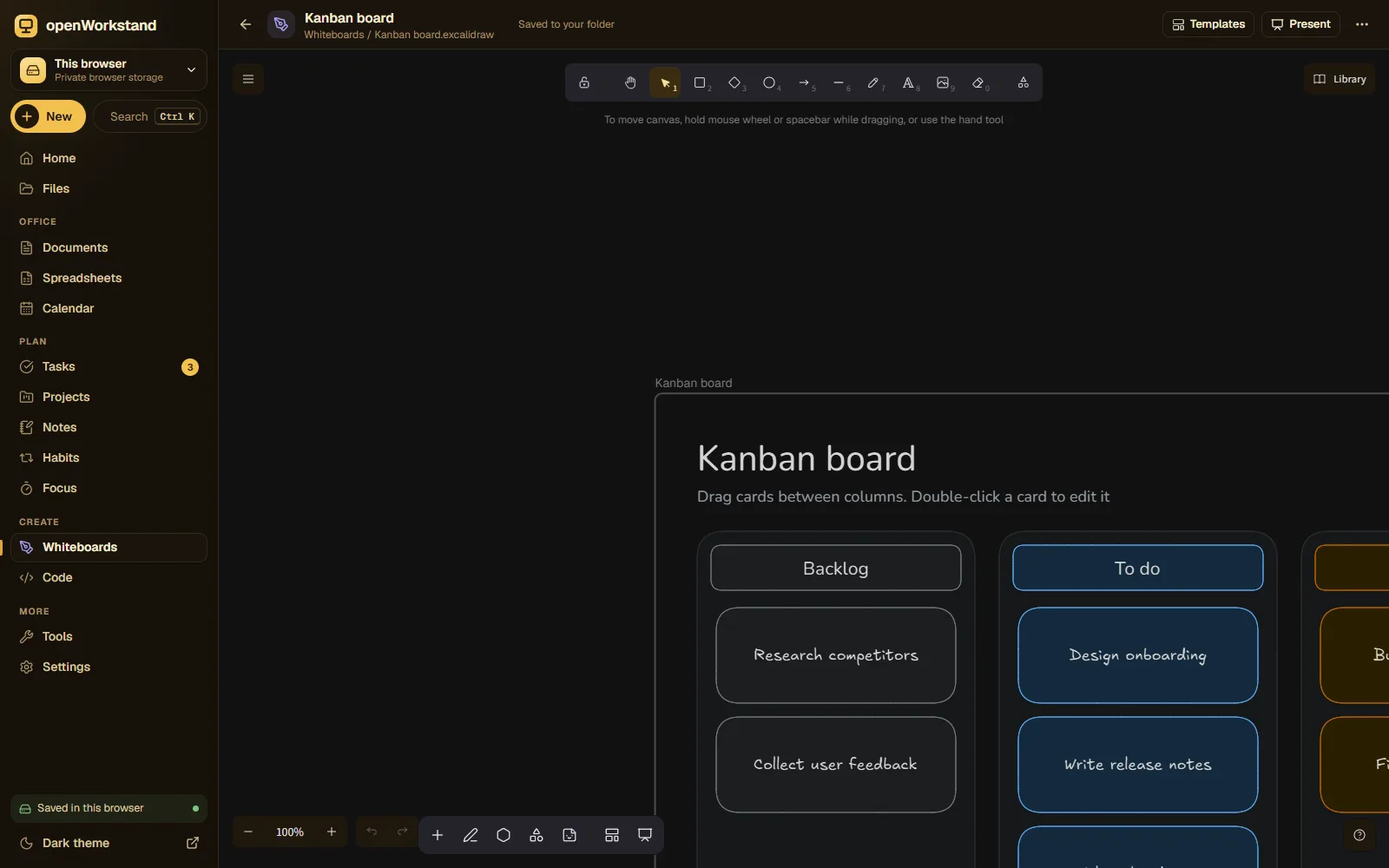 A openWorkstand whiteboard with a mind map, sticky notes and arrows