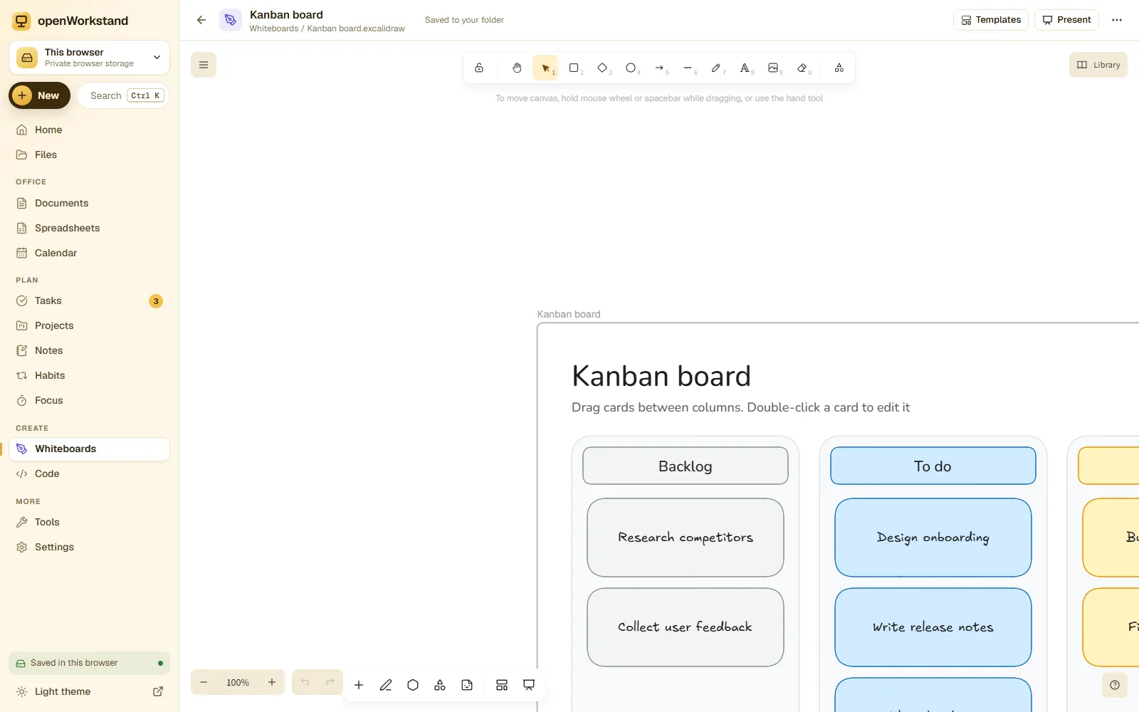 A openWorkstand whiteboard with a mind map, sticky notes and arrows